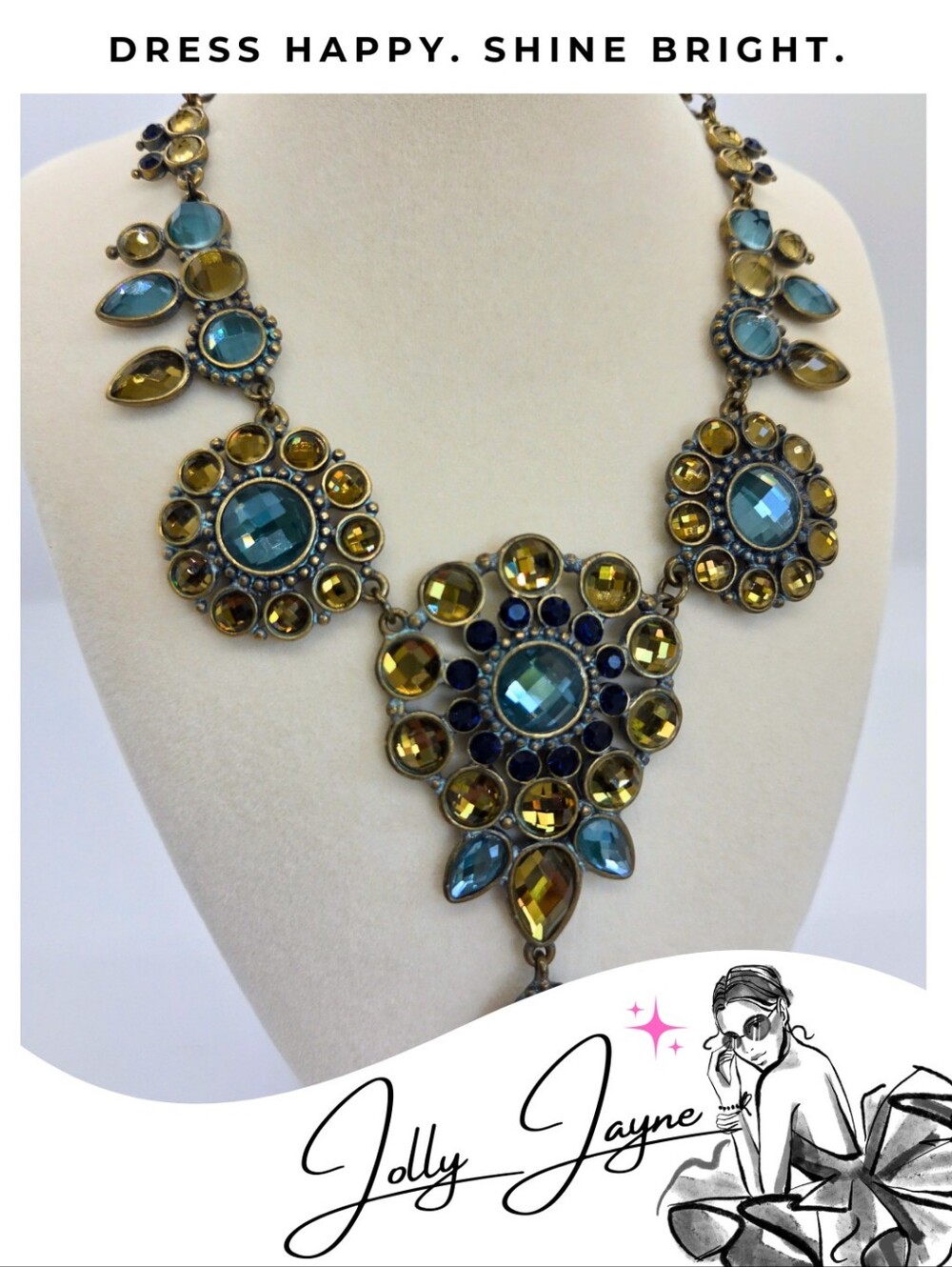 Vintage- Blue and Green Crystal Bib Necklace - Mythologie, Y2K